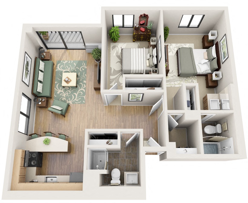 Floor plan for 2 beds, 2 baths, 950 sqft